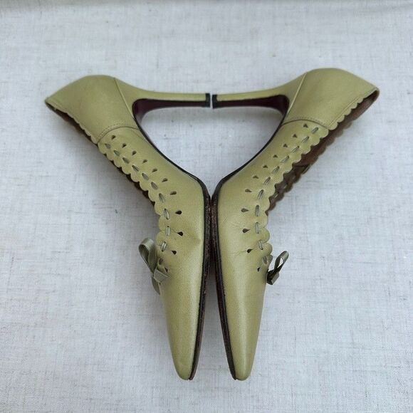 ANN TAYLOR Pistachio Green Leather Scallop Bow Pumps Stiletto Heels 5 Italy Made - Picture 10 of 16